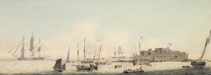 ガーンジー島のキャッスルコルネットの眺め、運送付き、1800年頃（紙と黒鉛の上にペンと黒のインクでトイレ）